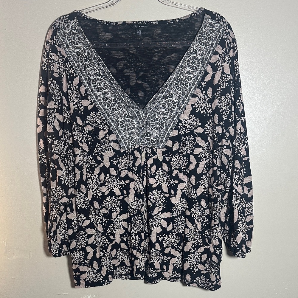 Lucky Brand XL‎ Black Printed Boho V Neck Top
